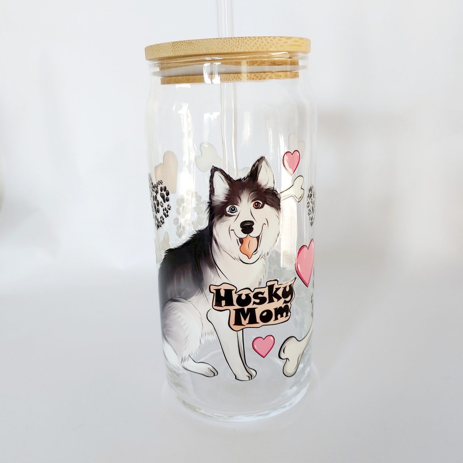 Sklenený pohár so slamkou Sibírsky husky